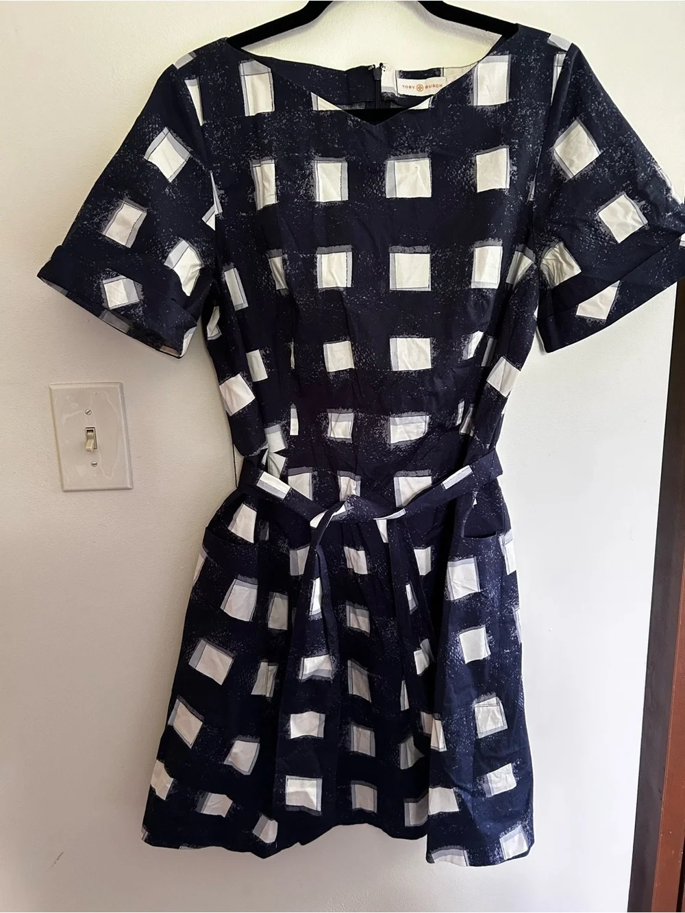 Tory Burch Navy and White Square-Print Short Sleeve Belted Dress Size 12